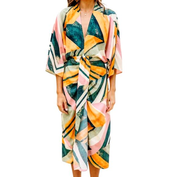 Entro Women's Medium Multicolor Vintage Resort Green Abstract V-Neck Midi Dress - Picture 3 of 7